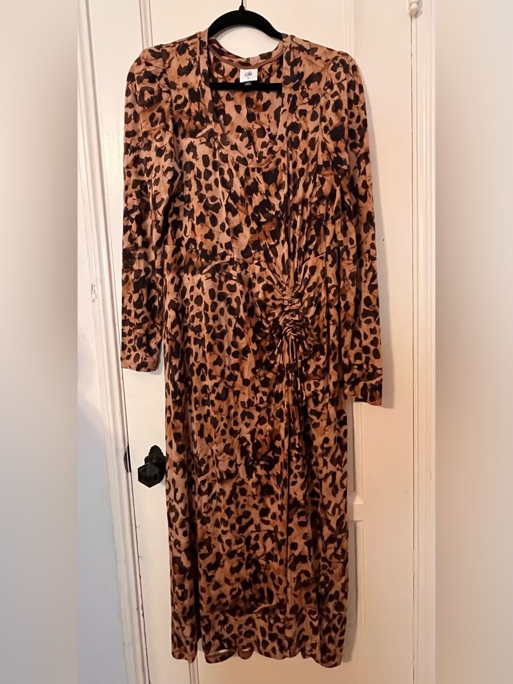 Cabi Selma Leopard Print Ruched Long Sleeve Midi Dress Medium #4216